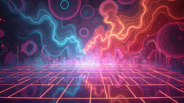 Abstract Geometric Background with Waves and Grid