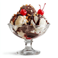 Ice cream sundae in a glass bowl isolated on transparent or white background