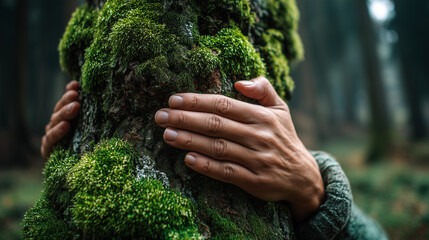 hands hugging moss-covered tree in a forest, earthy mood, deep connection with nature,