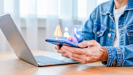 Close-up of hands holding a smartphone with a holographic interface, featuring floating icons and a blurred background