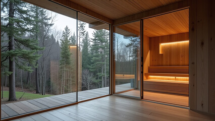 Interior View of Wood Sauna with Forest View