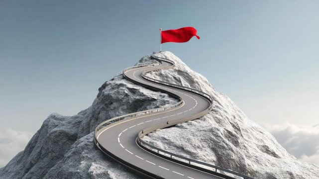 Winding asphalt road leading to red flag on snow capped mountain peak against blue sky, symbol of success and achieving goals.