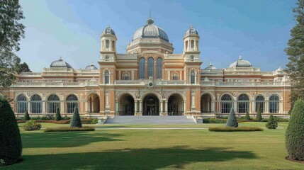 Obraz premium Grand Victorian-era building with manicured gardens