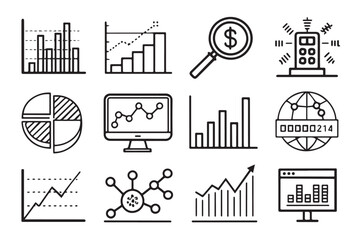 set of 12 Data analysis web icons in line style.graphs, traffic, analysis, research, network, collection, statistics, performance, search,Data processing,Network stacitcs,analytics and more