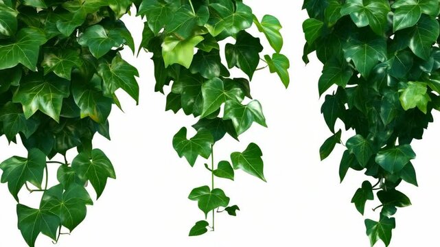 Overhanging vibrant green ivy leaves and vines against a bright white background, perfect for decorative elements or natural design accents.