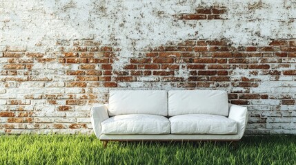 White couch against weathered brick wall in a grassy yard