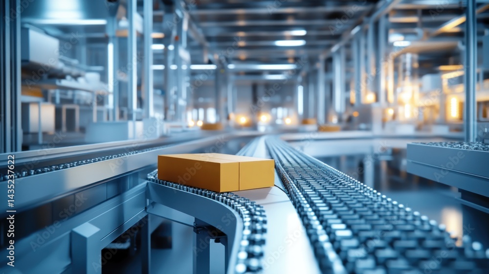 Poster automated warehouse conveyor system with cardboard box