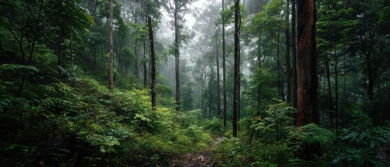 Obraz premium Lush green forest landscape with tall trees and dense vegetation during a misty and atmospheric day creating a serene and peaceful natural environment