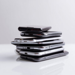 Old smartphones lie on top of each other. Stack of old mobile phones isolated on transparent or white background