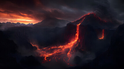 An active volcano with glowing red lava cascading down into a rugged canyon, lighting up the dark surroundings with fiery red and orange hues.