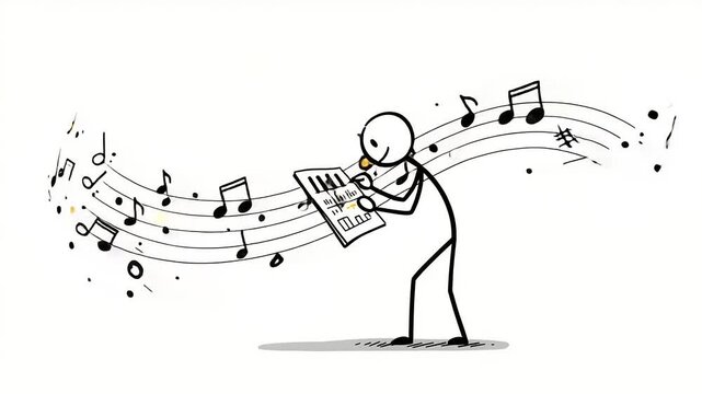 Stick figure playing music on a tablet, surrounded by floating musical notes in a creative setting