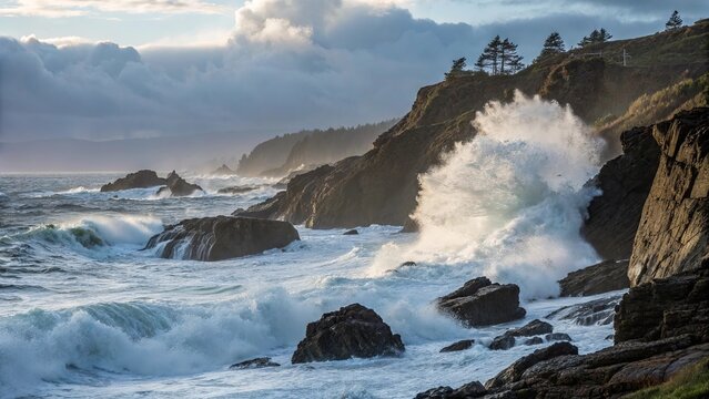 Powerful ocean waves crashing against rugged coastal cliffs during dramatic cloudy sunset on a wild, scenic Pacific Northwest seascape coastline
