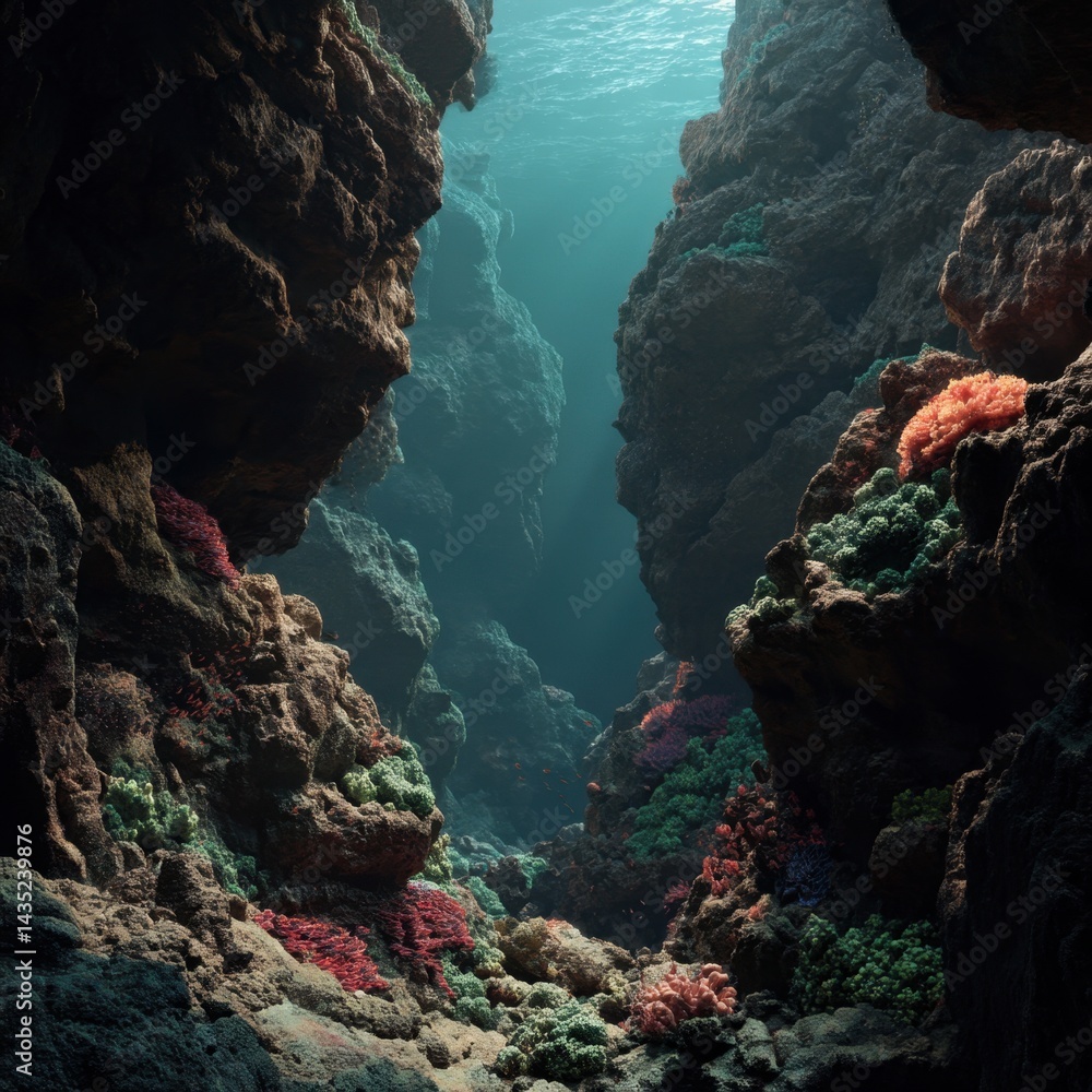 Poster underwater canyon landscape with vibrant coral reef and sunlight filtering through the ocean surface