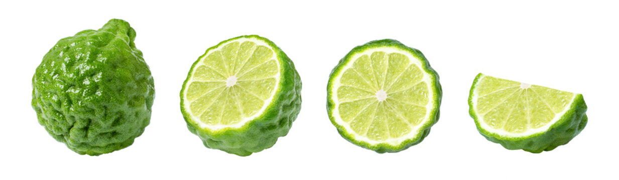 Collection of bergamot fruit with slices isolated on transparent background