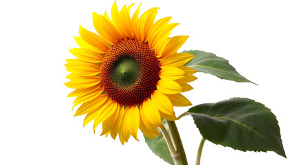 Obraz premium Yellow sunflower with green leaves isolated on transparent white background
