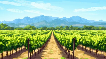 Fototapeta premium Serene vineyard landscape illustration with lush green vines mountains and clear blue sky creating a peaceful and inviting atmosphere perfect for travel and nature themes