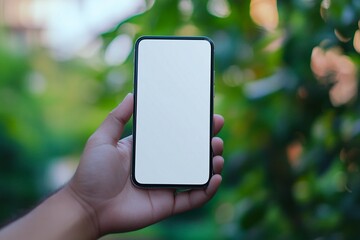 Person holding a smartphone with a blank white screen against a blurred foliage background