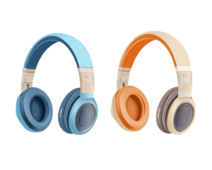 Wireless Headphones: Blue and Orange Color Variations on Transparent Background, PNG