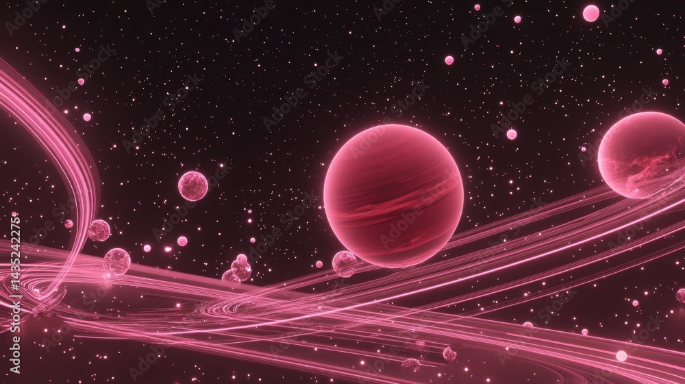 Poster visualize a futuristic planet with glowing rings and moons set against a deep space backdrop filled 