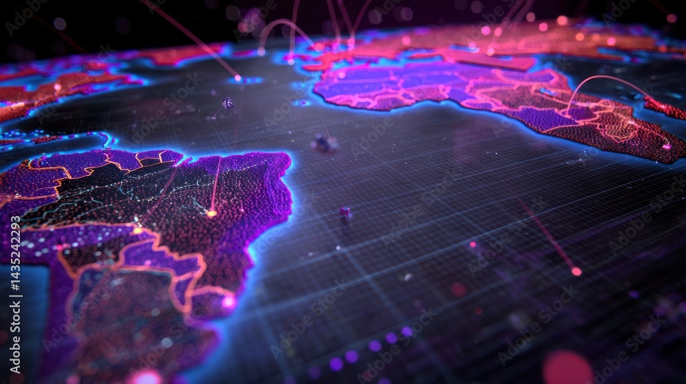 Aufkleber a digital map showcasing global connectivity with vibrant neon colors and intricate data lines.