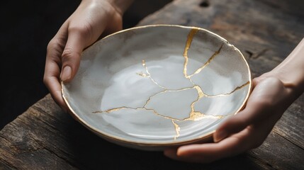 White ceramic plate with kintsugi method in Female hands. Antique pottery restored with gold cracks. Traditional Japanese gold fixing method. Wabi sabi concept. Sunlights