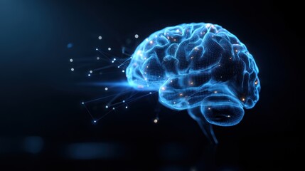 A glowing, blue representation of a human brain symbolizing intelligence and technology in a digital age.