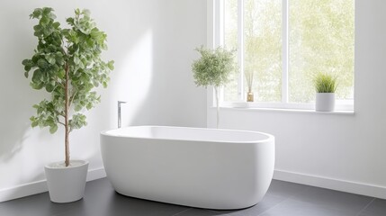Fototapeta premium Modern, bright bathroom with a freestanding bathtub and potted plants. Sunlight streams through a large window, creating a relaxing atmosphere