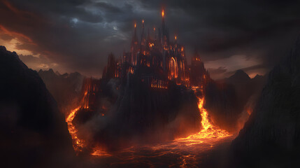 A demonic fortress built upon a flowing river of lava, glowing with sinister energy.