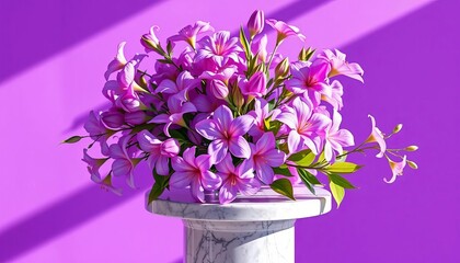 Fototapeta premium Elegant purple blooms on marble pedestal, sunlit purple backdrop, violet, simple