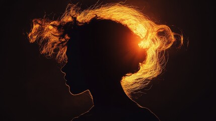 A portrait silhouette with the subject hair backlit, creating a halo effect and emphasizing the shape and texture of their hair.