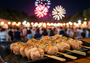 Delicious Yakitori Chicken Skewers Festive Night Market Fireworks Background