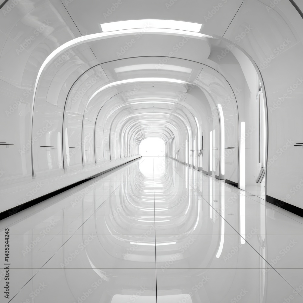Poster futuristic white tunnel with glossy tiles and bright light at the end perspective view creates a sen