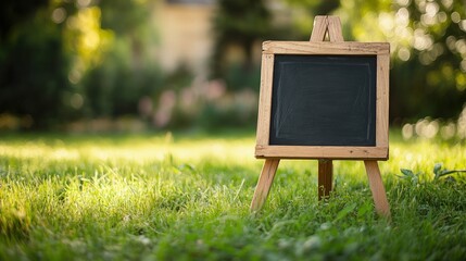 Small chalkboard on easel in a grassy yard
