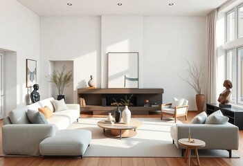 Fototapeta premium Elegant Scandinavian living room showcasing minimalist design, subtle color palette, and modern sculptures, muted tones, wood