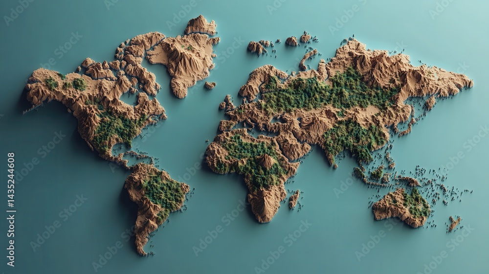 Poster an image of a world map in flat color on a blue background