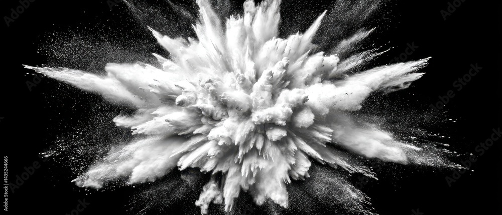 Poster dramatic explosion of white powder against a black background creating abstract shapes and textures 