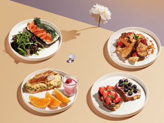 A wide variety of assorted, delicious meals beautifully presented on