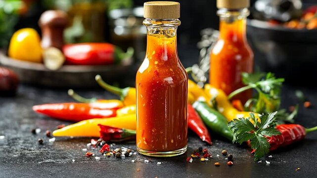 Spicy hot sauce in small bottles surrounded by chili peppers