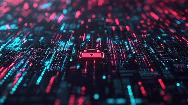 Digital security interface featuring padlock symbol virtual environment graphic design futuristic perspective