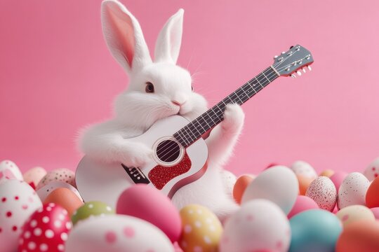 White rabbit playing guitar surrounded by colorful easter eggs on pink background