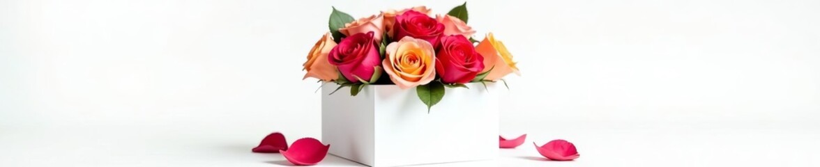 Fototapeta premium Elegant white paper box filled with colorful roses, isolated on white background, luxury, floral