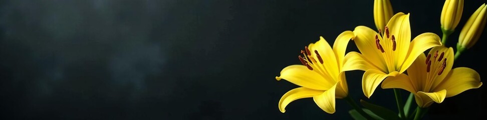Obraz premium Elegant yellow lilies on a somber condolence card set against a dark backdrop, bereavement, sorrowful