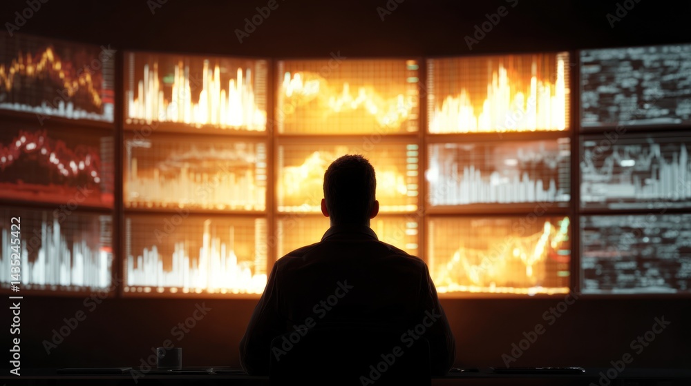 Poster a person observing multiple digital screens displaying market data and analytics.