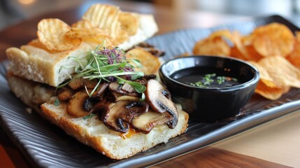 Delicious mushroom toast with potato chips and dipping sauce on a stylish black plate gourmet food photography culinary delight fresh herbs elegant presentation