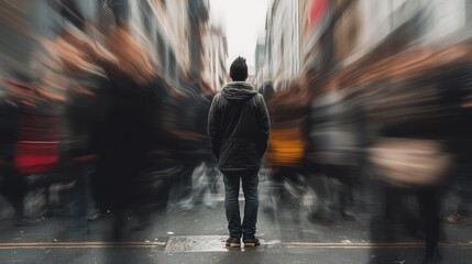 A person stands still amidst a bustling crowd, capturing a moment of solitude in a busy urban environment.