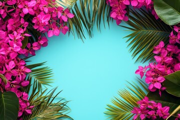 Isolated minimalistic heart frame of bright fuchsia bougainvillea and tropical palm leaves, against a solid aqua blue background