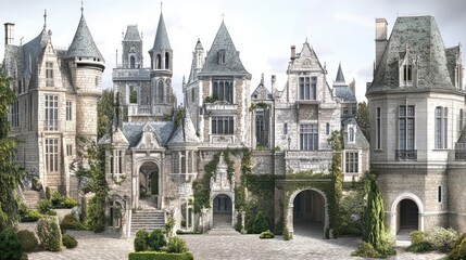 Fototapeta premium Elegant architectural designs of chateaus in various styles and perspectives suitable for any artistic project