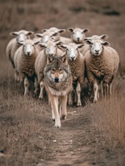 Obraz premium Dramatic wolf leading sheep on a path through a field, capturing the essence of leadership and animal behavior, with a shallow depth of field and natural light