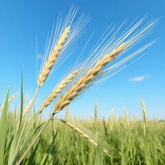 Fototapeta premium Golden wheat stalks ripen under a vibrant summer sky in a vast agricultural field ready for harvest.