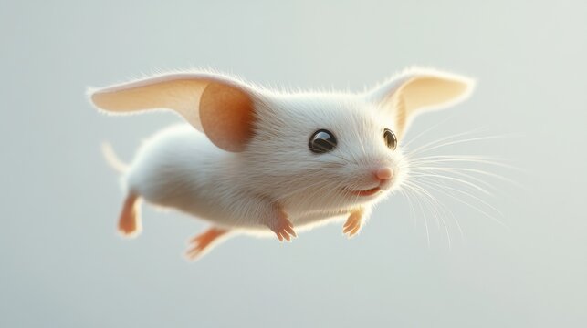 A cute white mouse flying in the air, isolated on a white background